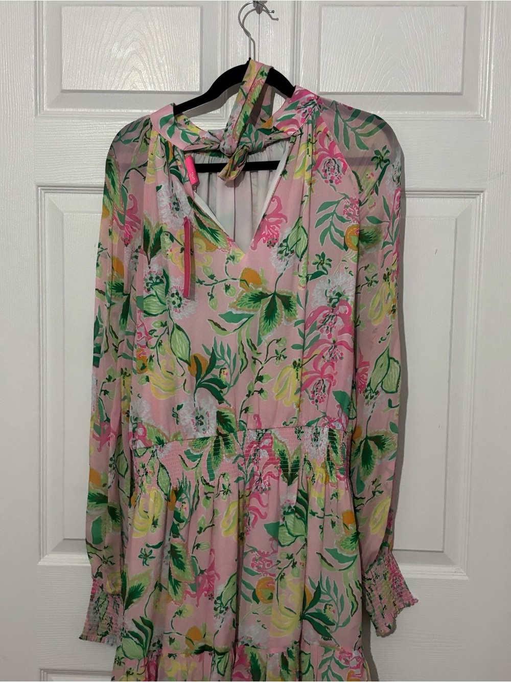 Lilly Pulitzer Pink Floral Midi Dress with Green and Yellow Accents